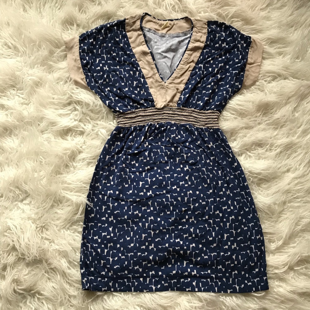 AUDREY 3+1 BLUE/WHT V-NECK DRESS‎